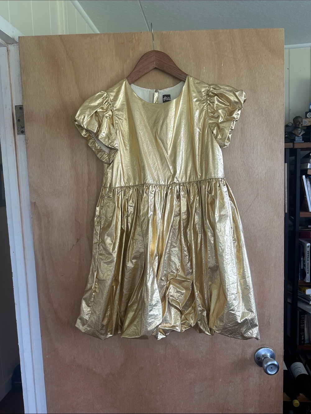 Tea Collection Metallic Gold Puff Sleeve Party Dress